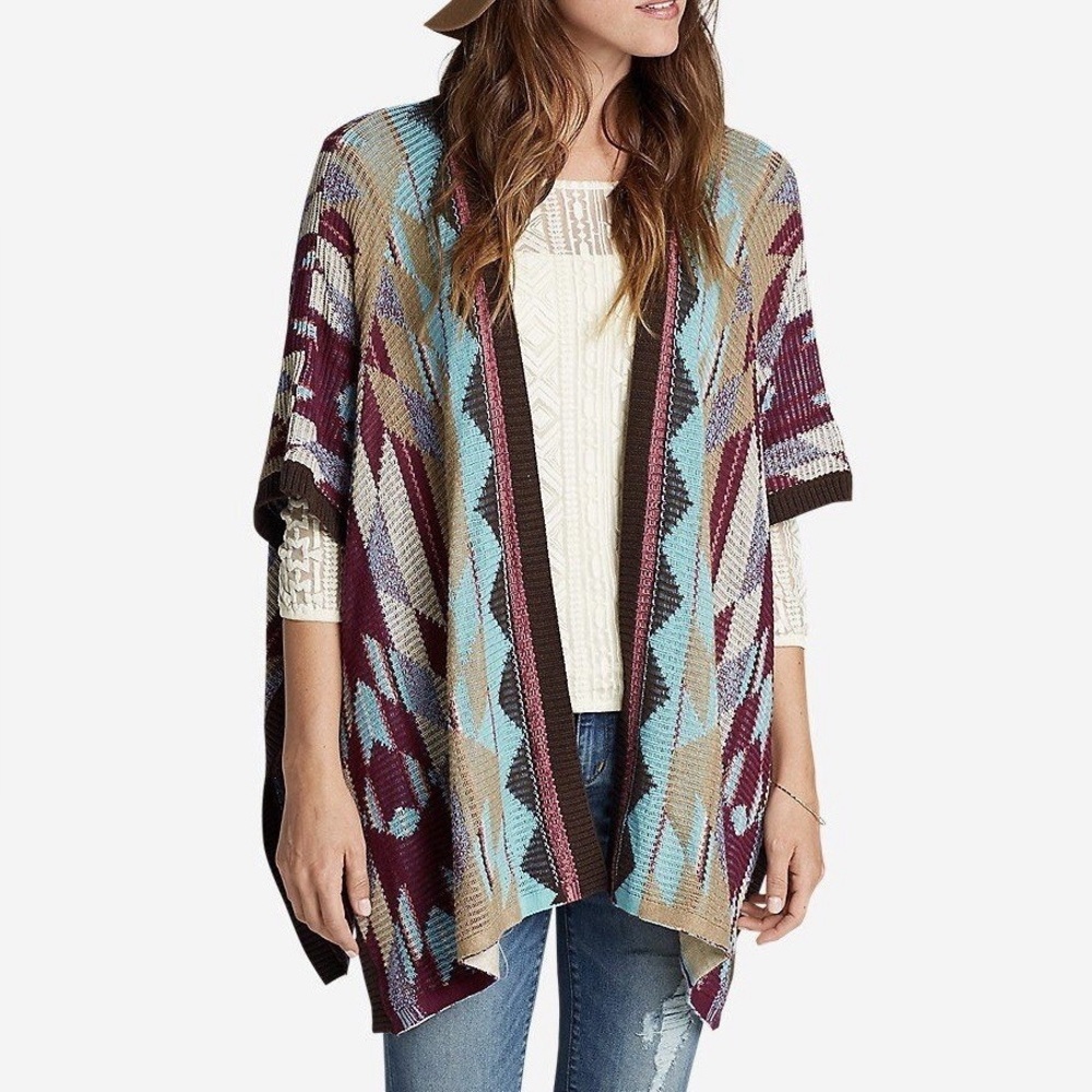 Eddie Bauer wool blend geometric print boho tribal poncho wrap Size M/L